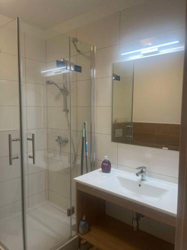 a bathroom with a sink and a shower with a mirror at Apartament 505 in Mielno