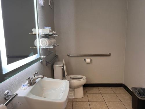 a bathroom with a white toilet and a sink at Rodeway Inn in Orange Park
