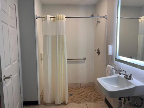 a bathroom with a shower curtain and a sink at Rodeway Inn in Orange Park