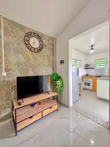 a living room with a tv and a stone wall at La place de l'Apéro in Ducos