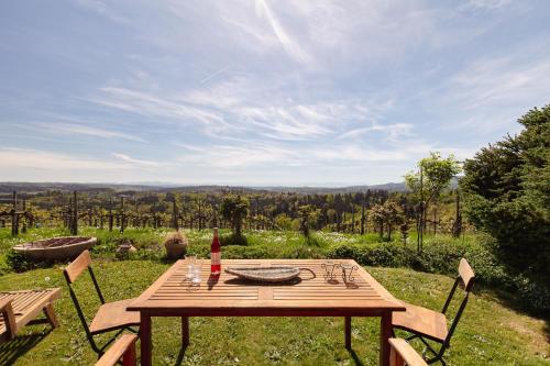 a wooden table with a bottle of wine on it at SCHILCHERLANDLEBEN - Weingartenhaus in Sankt Stefan ob Stainz