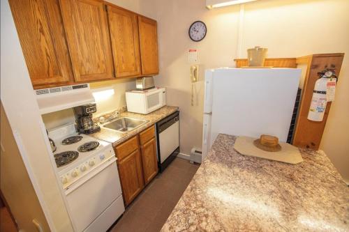 a kitchen with a white refrigerator and a sink at Cold Spring Plymouth Resort in Ashland