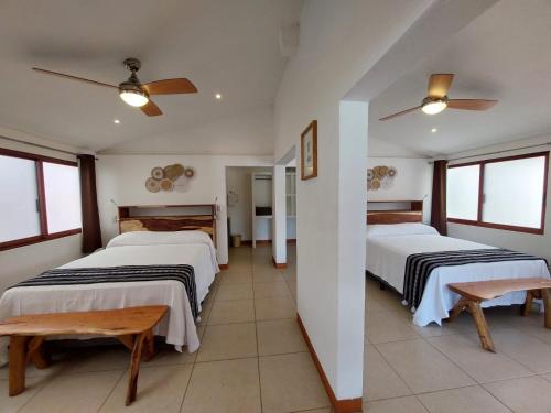 two beds in a room with windows at Posada Ziga Playa in Mazunte