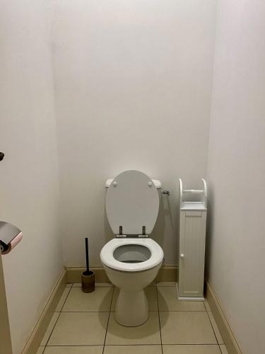 La salle de bains est pourvue de toilettes avec un couvercle. dans l'établissement T3 situé près de la Place Carnot, à Carcassone