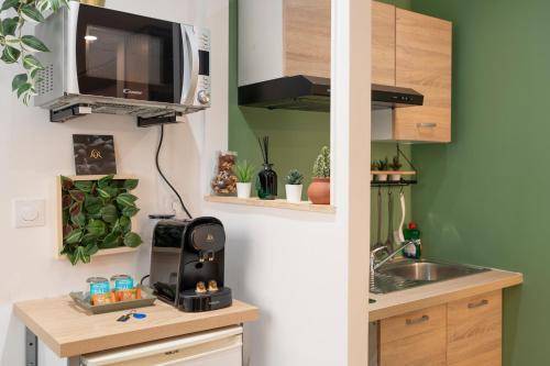 a kitchen with a sink and a tv on a wall at Le Cosy de Saint Epvre - Studio - 2 Pers in Nancy