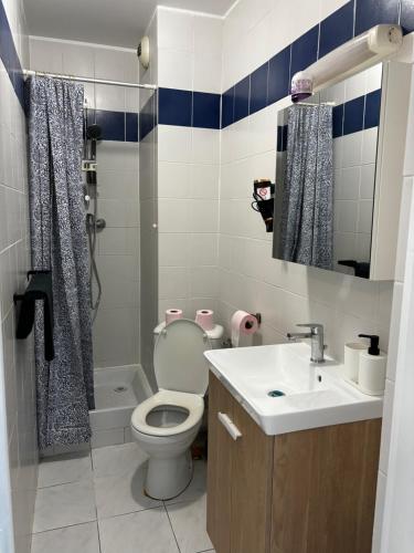 une salle de bain avec toilettes, lavabo et douche dans l'établissement Studio, projecteur & métro 100m, à Saint-Ouen
