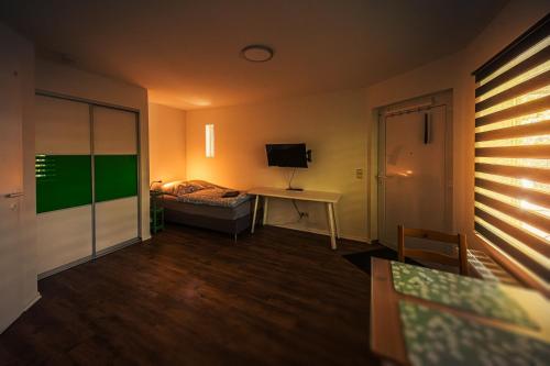 フライベルクにあるGottwaldHaus-Freiberg-Apartment Dのソファとテーブルとテレビのあるリビングルーム