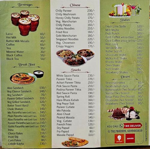 a menu for a restaurant with food and drinks at Hotel Hare Krishna Dham in Vrindāvan