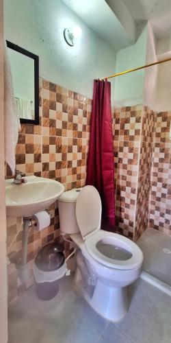 a bathroom with a toilet and a sink at OSIMiRI JAMAICA II-Piscina, naturaleza mágica in San Rafael