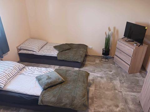a bedroom with two beds and a tv and a dresser at Pokoje Noclegowe in Kowalów Dolny