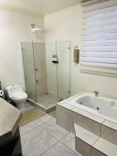 a bathroom with a shower and a toilet and a tub at Casa Caribe in Guápiles