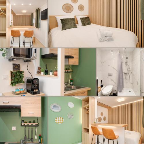 un collage de photos d'une chambre et d'une salle de bains dans l'établissement Le Cosy de Saint Epvre - Studio - 2 Pers, à Nancy