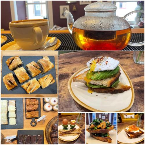 a collage of pictures of food and a cup of tea at The Salt house in Golspie