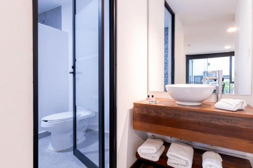 a bathroom with a sink and a mirror at Urban Puebla by Grupo Amber in Puebla