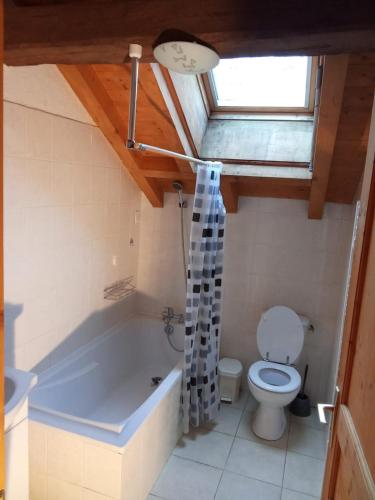 une salle de bain avec toilettes et baignoire dans l'établissement Location Les dents blanches, à Morillon