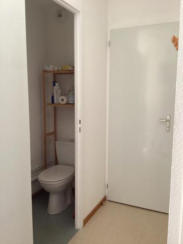 une salle de bain avec des toilettes blanches dans une chambre dans l'établissement T2 cosy Eglantier Chalet de SuperD, à Saint-Étienne-en-Dévoluy