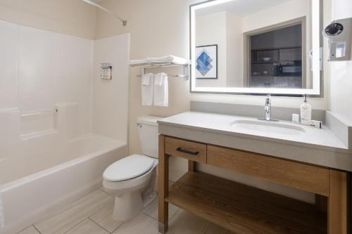 a bathroom with a sink and a toilet and a mirror at Candlewood Suites Chambersburg by IHG in Chambersburg