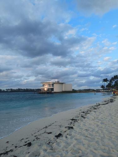 a building on the beach with the water and a beach at Da Pink And White Palace in Nassau