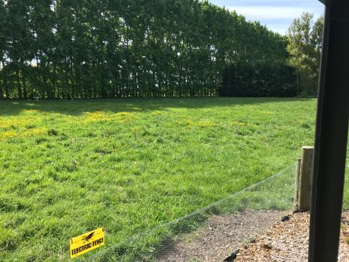 a sign on a fence in a field at Brookside Country Escape 40 minutes to CHC Airport in Leeston