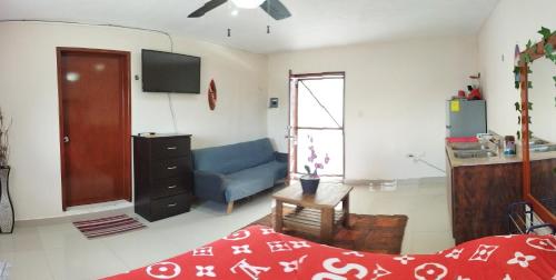 a living room with a bed and a blue couch at Gacelita Cozumel in Cozumel