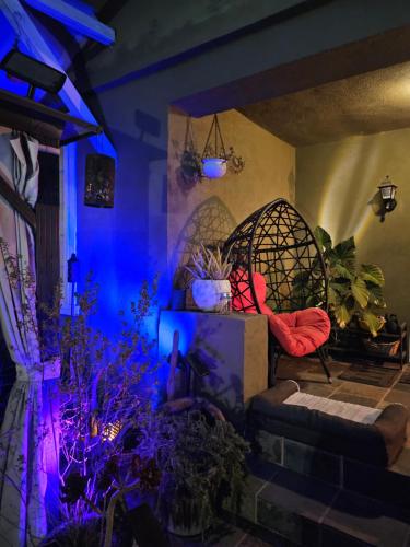 a room with blue lights and a couch and plants at Tranquility at the House of Alchemy Hollywood in Los Angeles