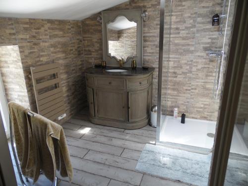 une salle de bain avec une douche avec un lavabo et une baignoire dans l'établissement Gîte Belfloret, à Renneville