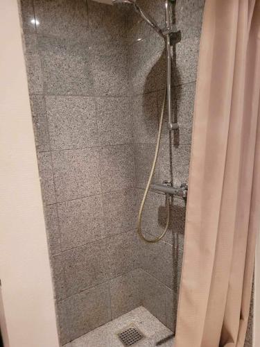 a shower with a shower curtain in a bathroom at Hejlsminde ferie- og badeby in Hejls