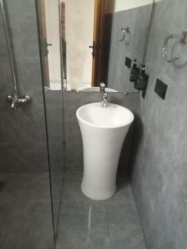 a bathroom with a white sink and a shower at Fort View Hotel near Altit fort, Hunza in Hunza