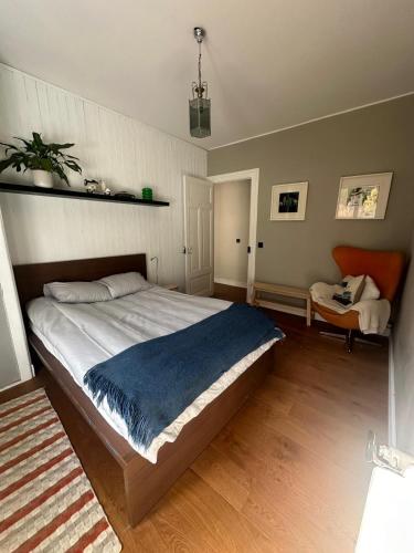 une chambre avec un grand lit avec une couverture bleue dans l'établissement 70sqm in heart of chamonix, à Chamonix-Mont-Blanc