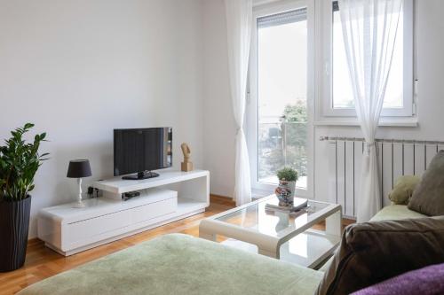 un salon avec un canapé et une télévision dans l'établissement Bright 1BDR with Balcony & Parking, à Zagreb