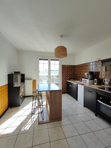 une cuisine avec un îlot au milieu dans l'établissement Les jardins Ducarouge 2 climatisé, à Digoin