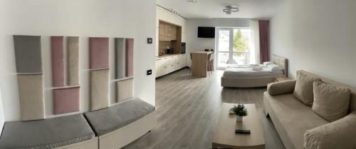 a living room with a couch and a kitchen at AVA Studio Sinaia in Sinaia