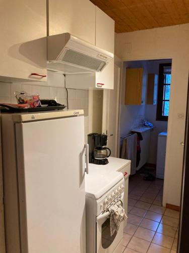 Il comprend une cuisine équipée d'un réfrigérateur blanc et d'une cuisinière. dans l'établissement Les Pâturages, à La Bresse