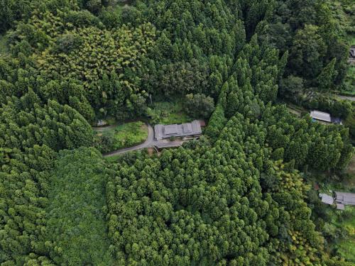 an aerial view of a forest with a house in the middle at 自然と遊ぶ古民家宿 石鎚別荘ハレとあお in Komatsu