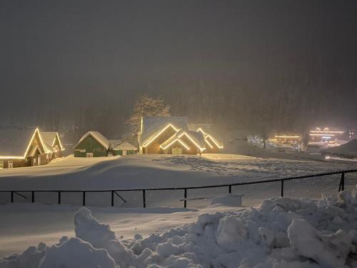 a group of houses covered in snow at night at Gulmarg Woods By Stay Pattern in Gulmarg