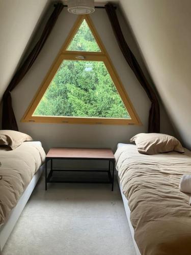 Habitación en el ático con 2 camas y ventana en Chalet l'Escale, en Métabief