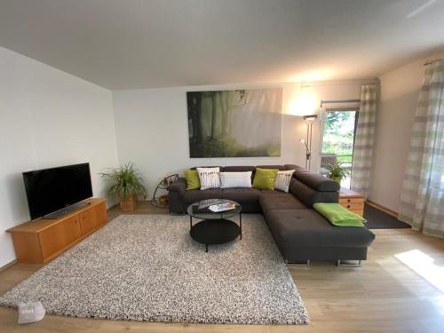 a living room with a couch and a tv at Gästehaus Natur in Vöhl