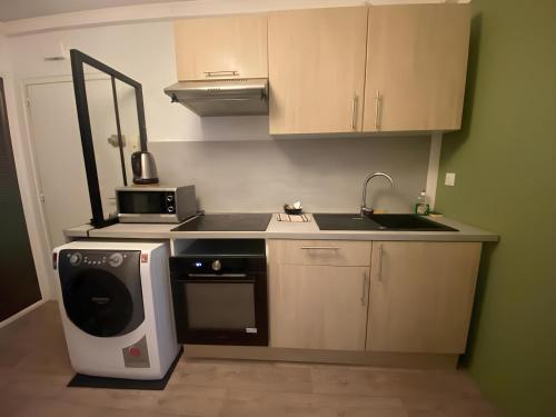 une petite cuisine avec un évier et un micro-ondes dans l'établissement Berlioz Appartement spacieux et lumineux 