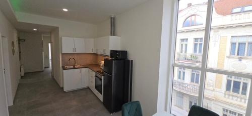 a kitchen with a black refrigerator next to a window at Spirit apartments Brno, with parking in Brno