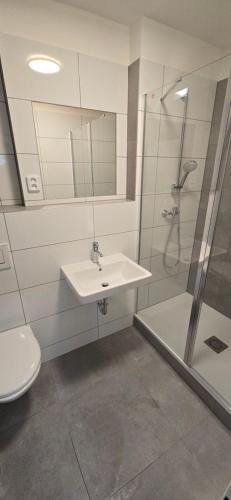 a bathroom with a sink and a shower at Spirit apartments Brno, with parking in Brno