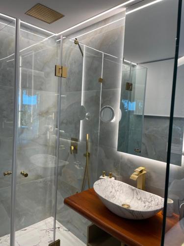 a bathroom with a sink and a glass shower at Hotel Boutique Mirasierra in Villacañas