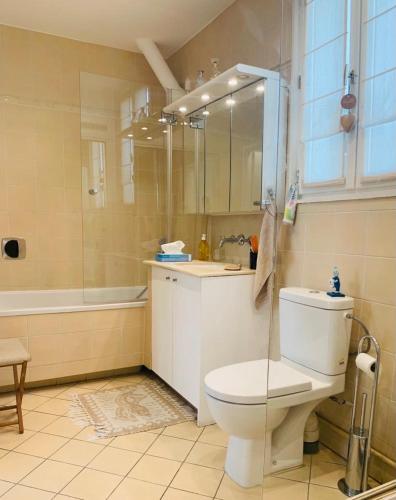 La salle de bains est pourvue de toilettes, d'une douche et d'une baignoire. dans l'établissement Lux Apartment Marais Temple, à Paris
