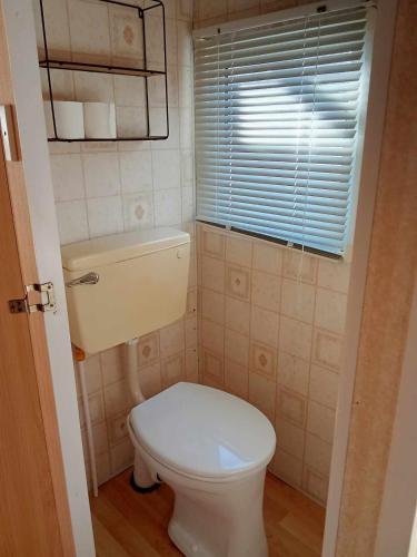 a small bathroom with a toilet and a window at Stacaravan aan het water 2 in Earnewâld