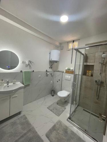 a bathroom with a shower and a toilet and a sink at Apartman Mole in Livno