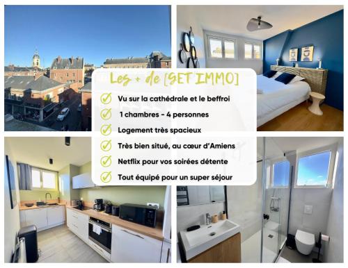 un collage de quatre photos d'une chambre et d'une salle de bains dans l'établissement Vue Cathédrale, Beffroi, Netflix en Hyper Centre, à Amiens