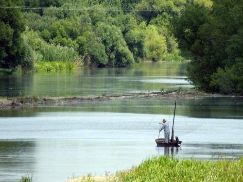 a man is standing on a boat in a river at Hídláb Apartman in Kimle