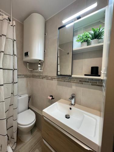 a bathroom with a sink and a toilet and a mirror at Studio Wood Bay in La Grande-Motte