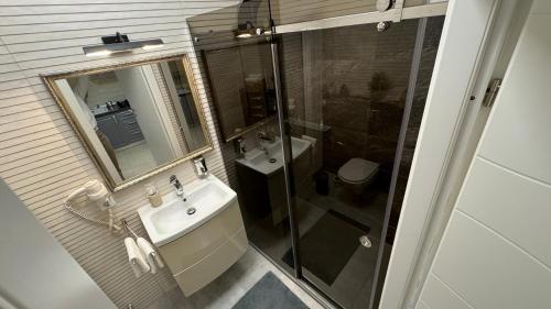 a bathroom with a sink and a mirror and a shower at DD Studio Deluxe in Sibiu