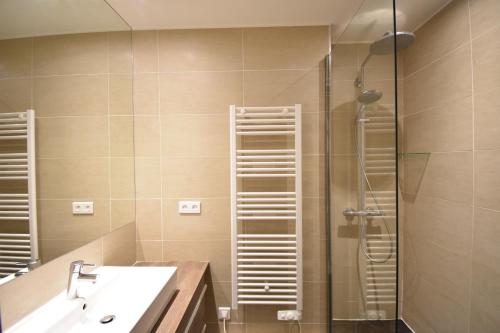 une salle de bain avec un lavabo et une douche dans l'établissement Seignosse appartement t3 seignosse les bourdaines, à Seignosse