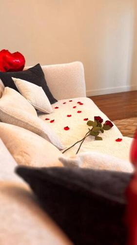 - un canapé avec un oreiller et des coeurs rouges dans l'établissement L'Élégance Royale, à Fontainebleau